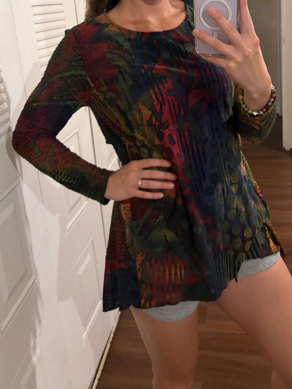 Peter Nygard Multicolor Long-Sleeve Patterned Tunic — Red, Green, Blue, Brown